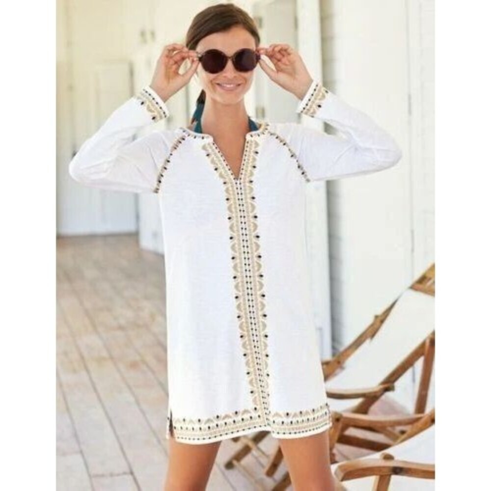 Boden Women’s Edie Jersey Kaftan Mini Tunic Dress White Gold Embroidered Boho